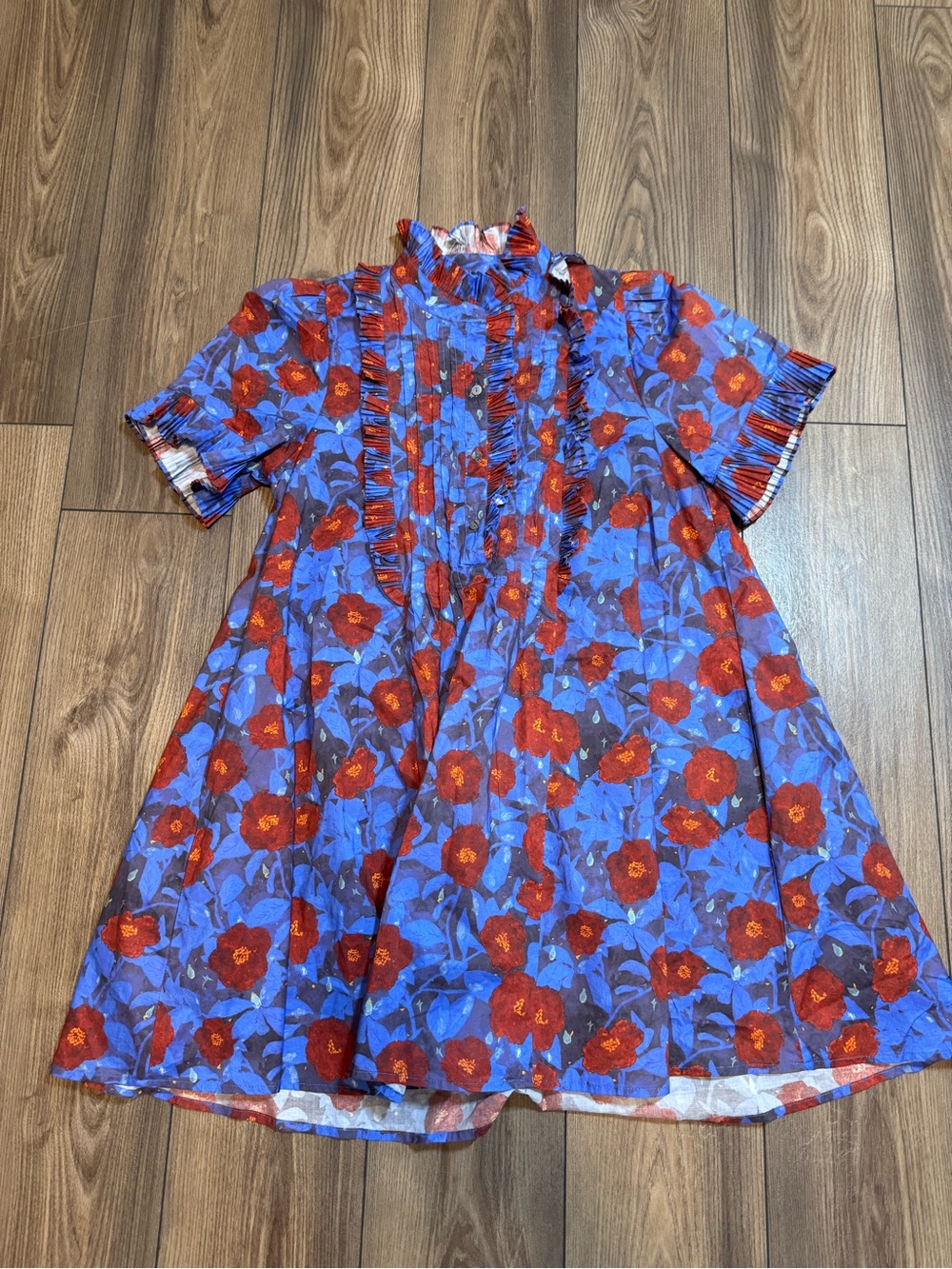 Blue Floral Short-Sleeve Dress with Red Flowers